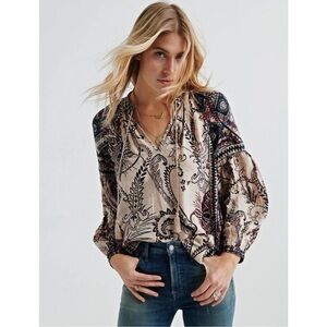 Lucky Brand Beige Paisley V-Neck Peasant Blouse